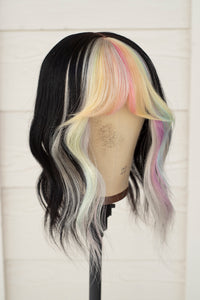 Iridescent Pastel Curtain Bang Wig Topper - Natural Black Base