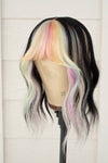 Iridescent Pastel Curtain Bang Wig Topper - Natural Black Base